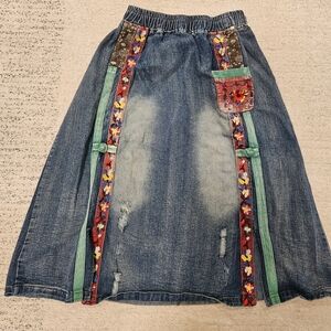 Denim Midi Skirt with Floral Embroidered Trim - Blue